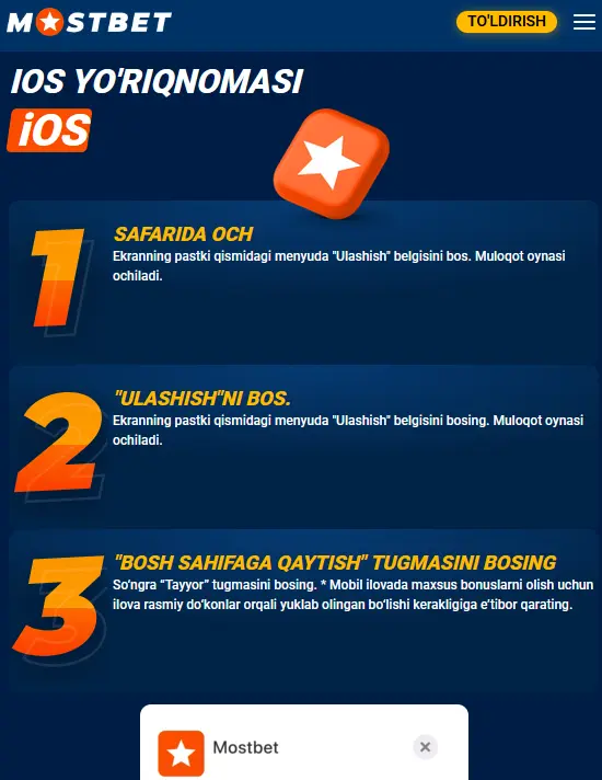 O'zbekistonda iOS`da Mostbet ilovasi