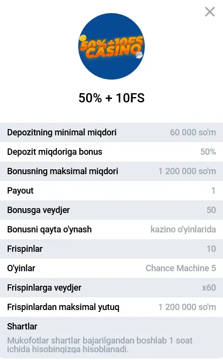 Kazinoda 2-depozit uchun 50% bonus + 10 FS Kazinoda 2-depozit uchun 50% bonus + 10 FS