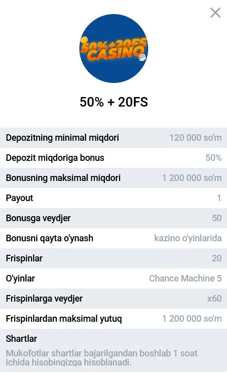 Kazinoda 2-depozit uchun 50% bonus + 20 FS Kazinoda 2-depozit uchun 50% bonus + 20 FS