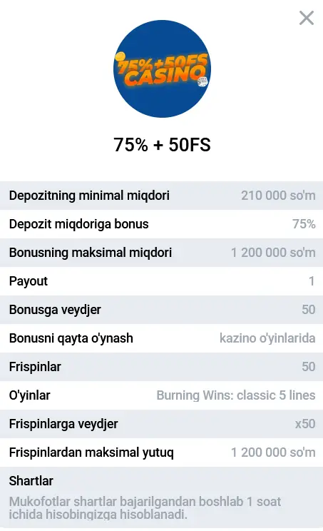 Kazinoda 3-depozit uchun 75% bonus + 50 FS Kazinoda 3-depozit uchun 75% bonus + 50 FS