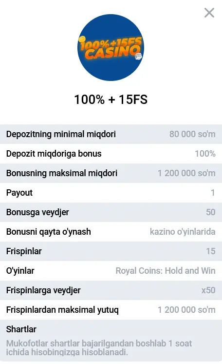 Kazinoda 4-depozit uchun 100% bonus + 15 FS Kazinoda 4-depozit uchun 100% bonus + 15 FS