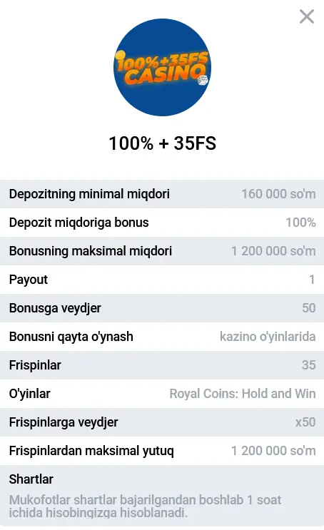 Kazinoda 4-depozit uchun 100% bonus + 35 FS Kazinoda 4-depozit uchun 100% bonus + 35 FS
