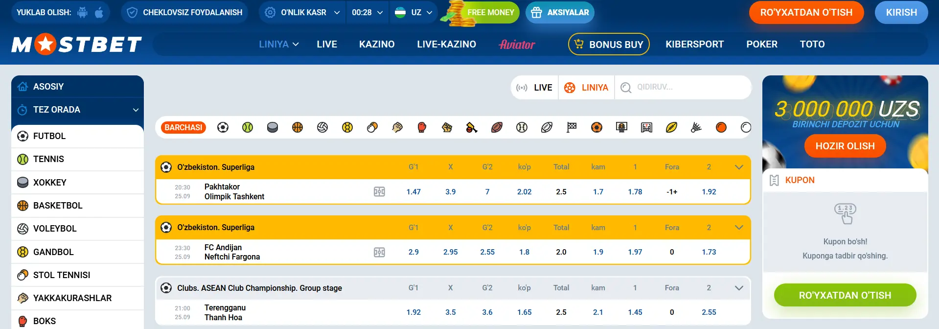 Mostbet liniyasida mavjud sport turlari Mostbet liniyasida mavjud sport turlari