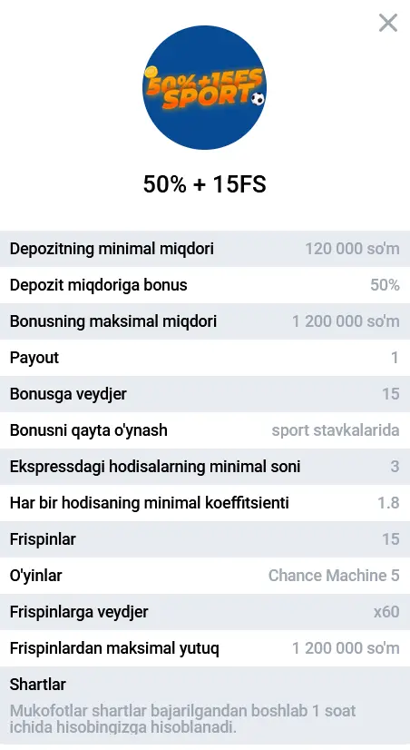 Sportga pul tikishda 2-depozit uchun 50% bonus + 15 FS Sportga pul tikishda 2-depozit uchun 50% bonus + 15 FS