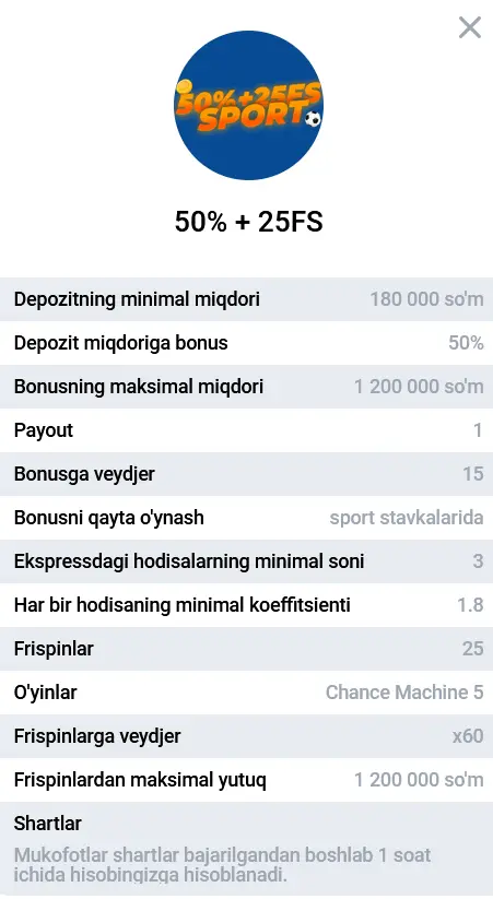 Sportga pul tikishda 2-depozit uchun 50% bonus + 25 FS Sportga pul tikishda 2-depozit uchun 50% bonus + 25 FS