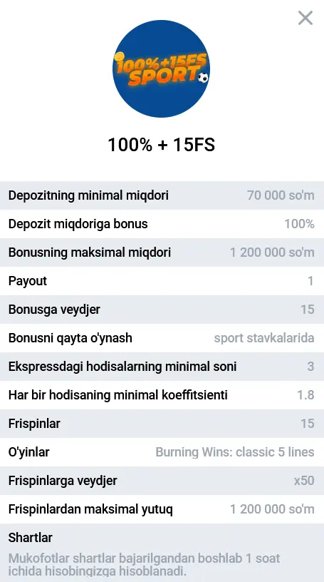 Sportga pul tikishda 3-depozit uchun 100% bonus + 15 FS Sportga pul tikishda 3-depozit uchun 100% bonus + 15 FS