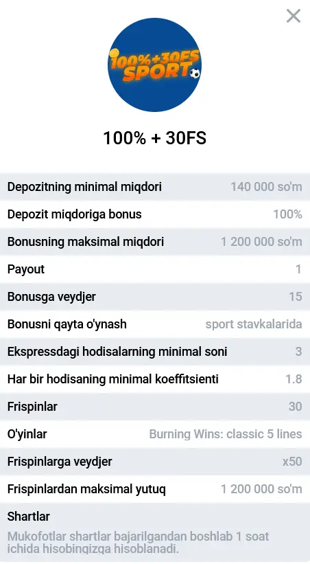 Sportga pul tikishda 3-depozit uchun 100% bonus + 30 FS Sportga pul tikishda 3-depozit uchun 100% bonus + 30 FS