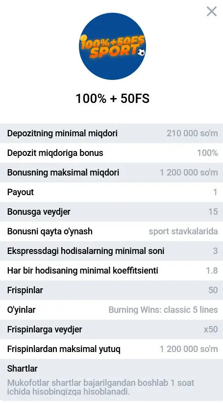 Sportga pul tikishda 3-depozit uchun 100% bonus + 50 FS Sportga pul tikishda 3-depozit uchun 100% bonus + 50 FS