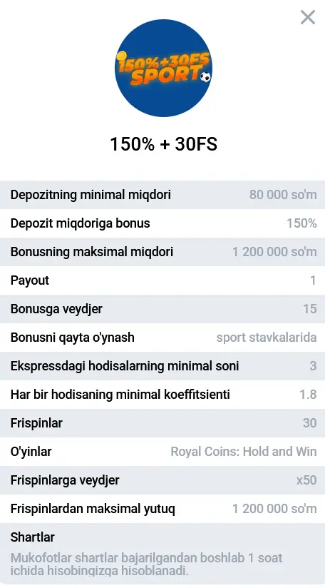 Sportga pul tikishda 4-depozit uchun 150% bonus + 30 FS Sportga pul tikishda 4-depozit uchun 150% bonus + 30 FS